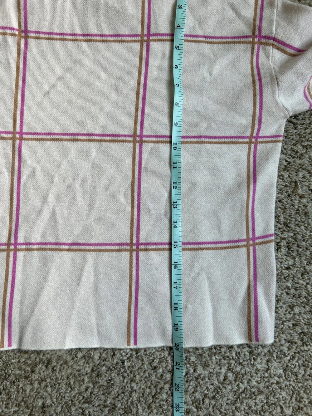 Tahari Cream Plaid Mock Neck Sweater with Pink Trim Fall Pastel Preppy Small